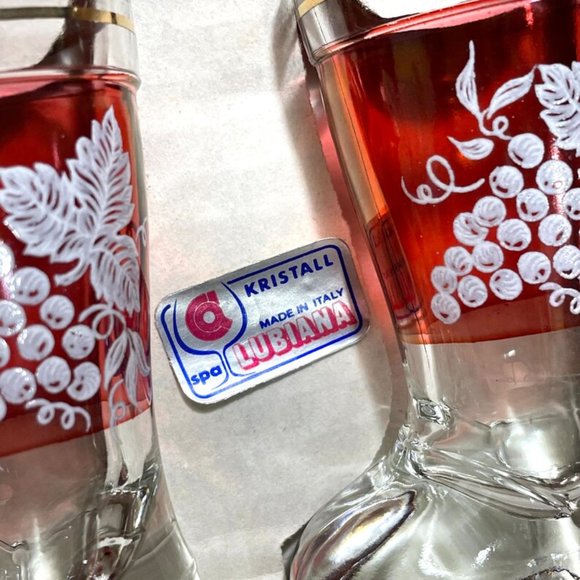 Vintage 1950s Lubiana Kristrall Italy Cranberry Flash Boot Shaped Shot Glasses - Picture 4 of 10